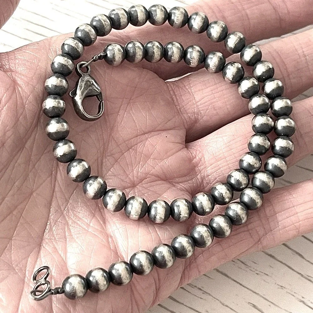 Navajo Pearls Necklace 16in Choker 6mm Beads 925 Sterling Silver Matte 16g